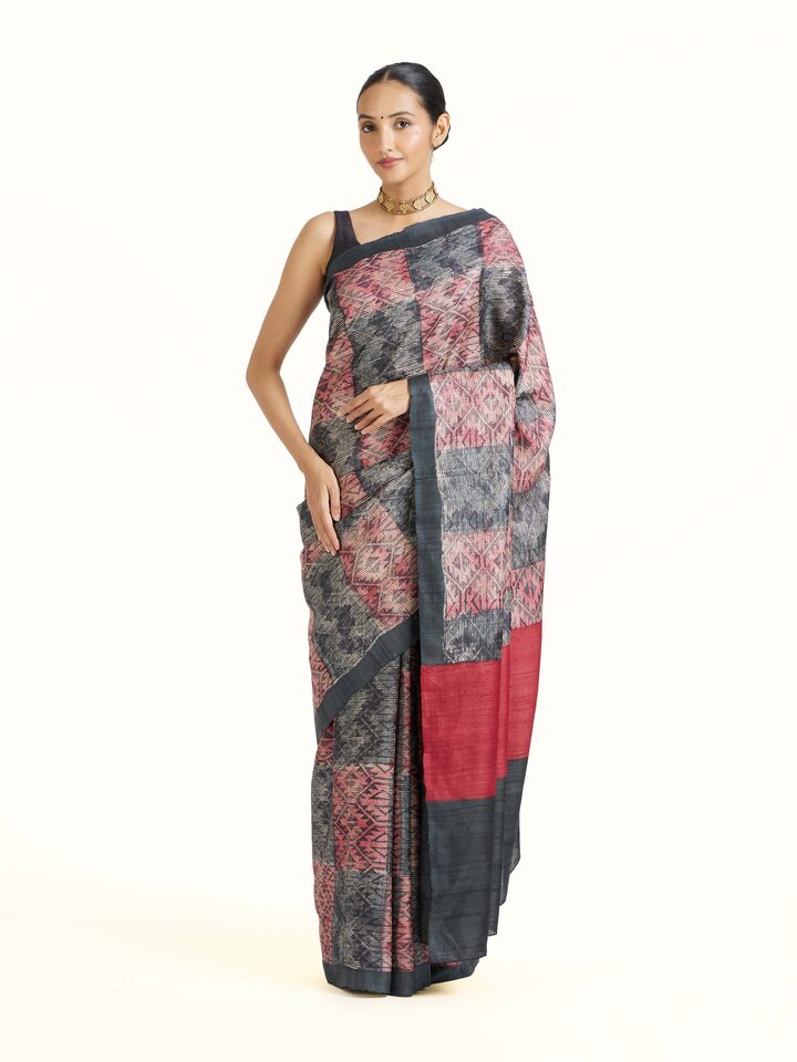 Front view of Black Tussar Silk Discharge Block Printed Saree showcasing its traditional craftsmanship and design
