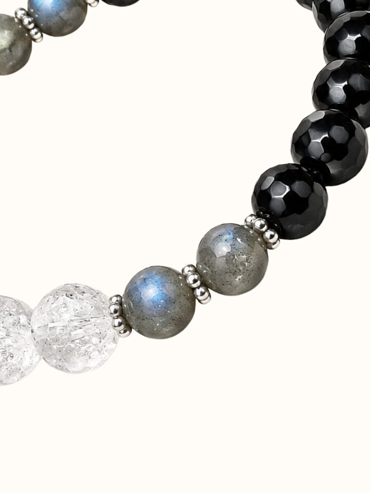 Detail view of Gemstone Black Onyx, Labradorite & Crystal Bead Silver Bracelet highlighting the stone setting and metalwork detail