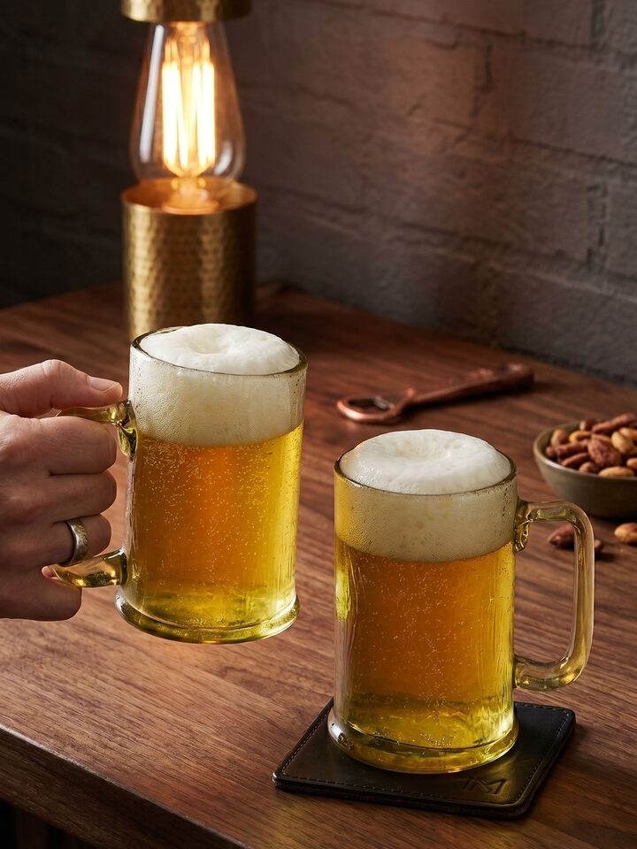 Side view of the Soda-Lime Glass-worked Beer Mugs (2 Pcs)