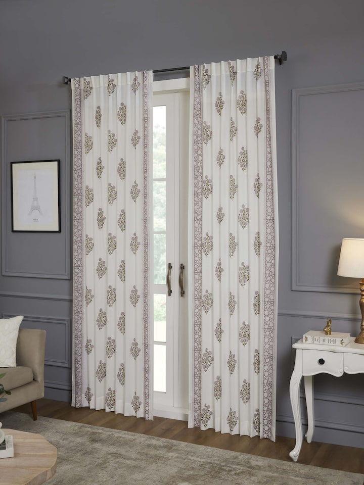 Saha lavender floral cotton Sanganeri hand block printed curtain 9 ft – Swadesh