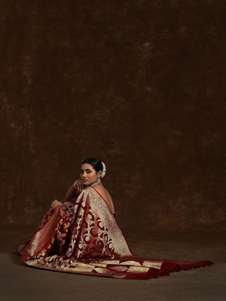 Close-up detail of Ruby Wine Mulberry Satin Silk Banarasi Saree showcasing zari embroidery on satin silk