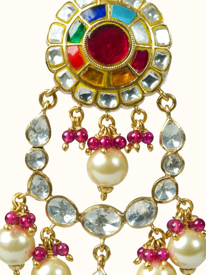 Detail view of Navratna Silver Drop Earrings highlighting the stone setting and metalwork detail