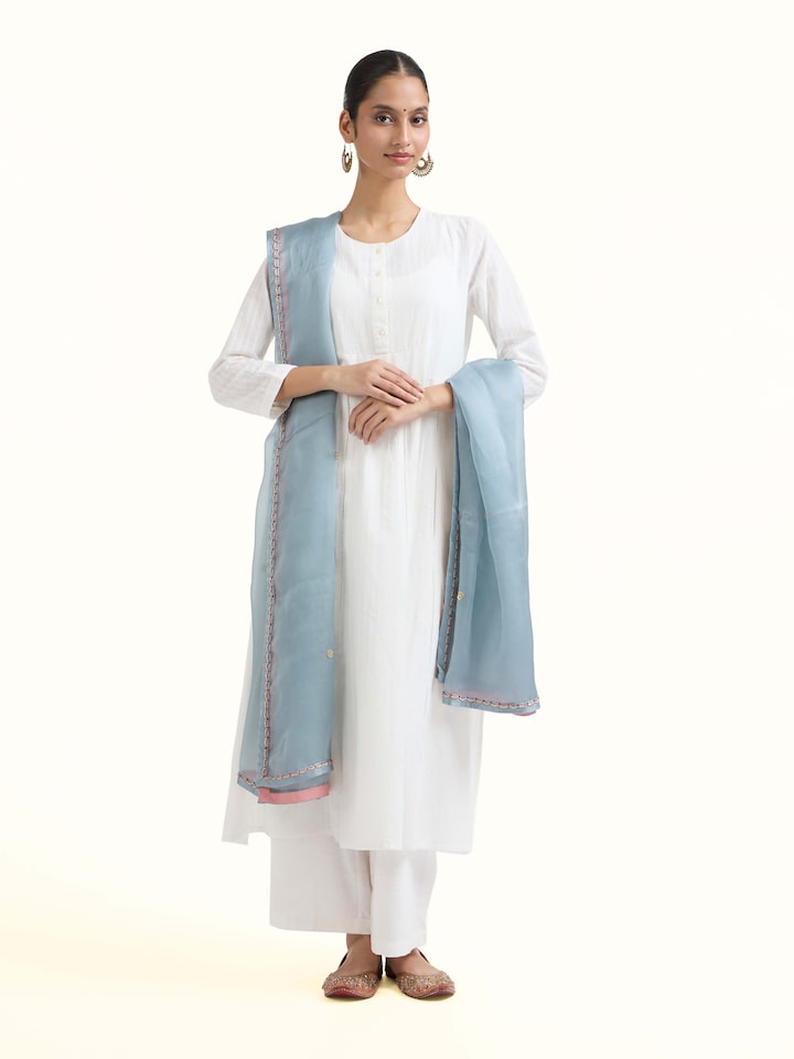 Front view of Powder Blue Zardozi Hand Embroidered Dupatta showcasing its traditional craftsmanship and design
