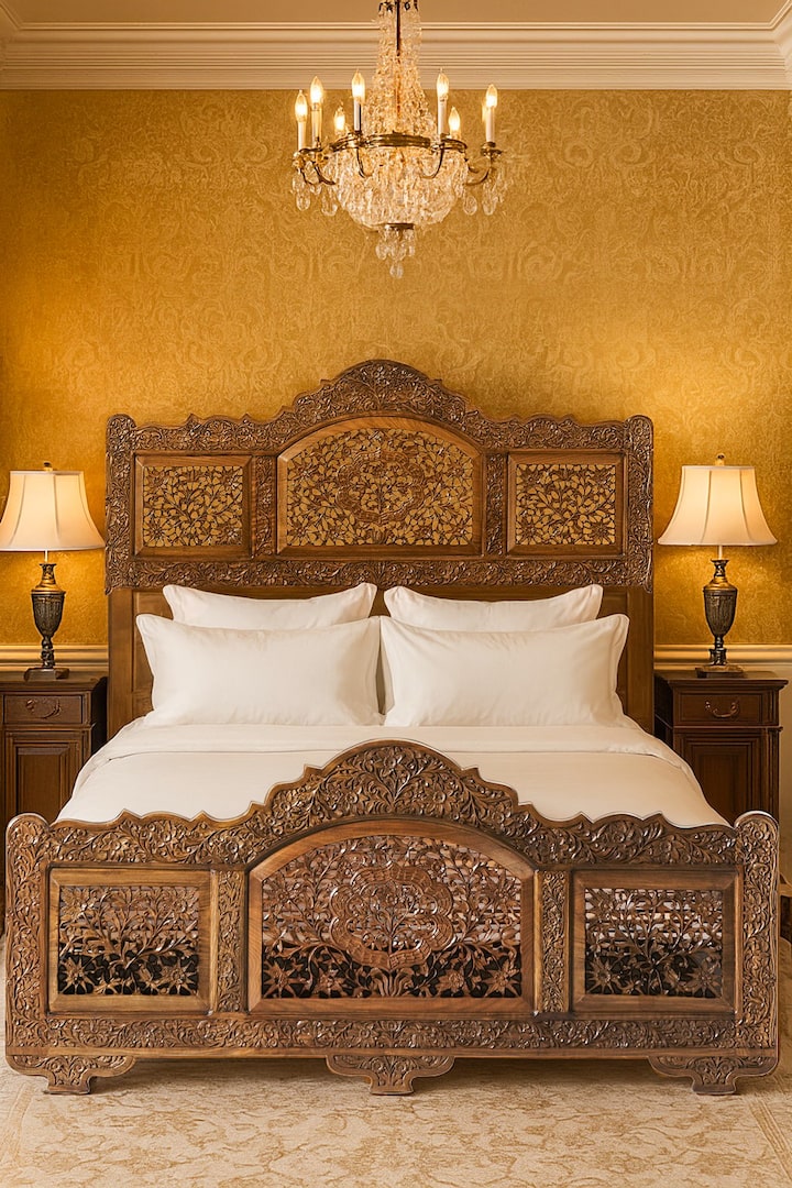 Front view of Carved Walnut Wood Queen-size Bed showing the front design and silhouette, from a different angle