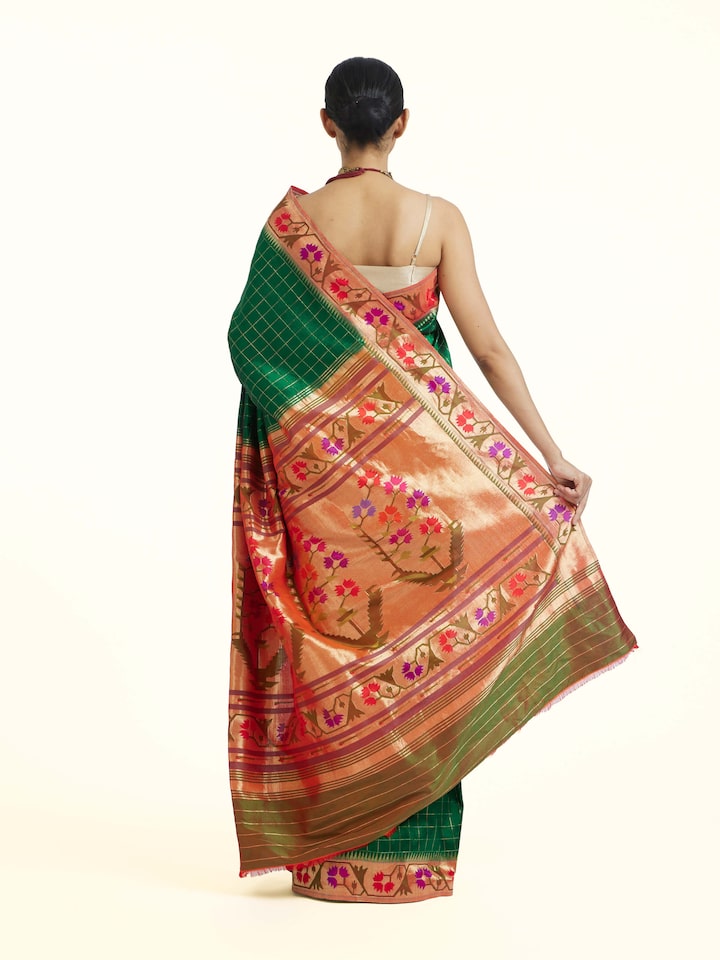 Back view of the Green Mulberry Silk Paithani Handloom Saree