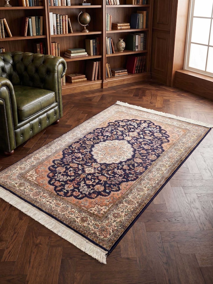 Front view of the Swadesh Traditional Persian Navy Rust Kashan Kashmir Silk Hand-knotted Carpet