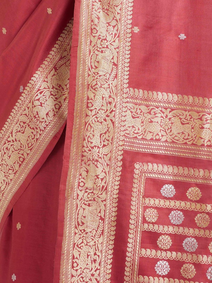 Detailed view of Pink Ashavali Brocade Silk Saree focusing on the fine craftsmanship and texture