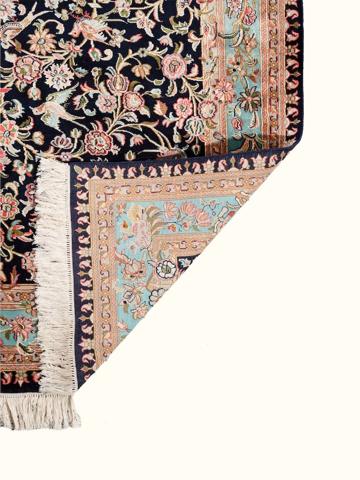 Back view of Traditional Persian Navy Floral Allover Kashmir Silk Hand-Knotted Carpet showing the reverse weave