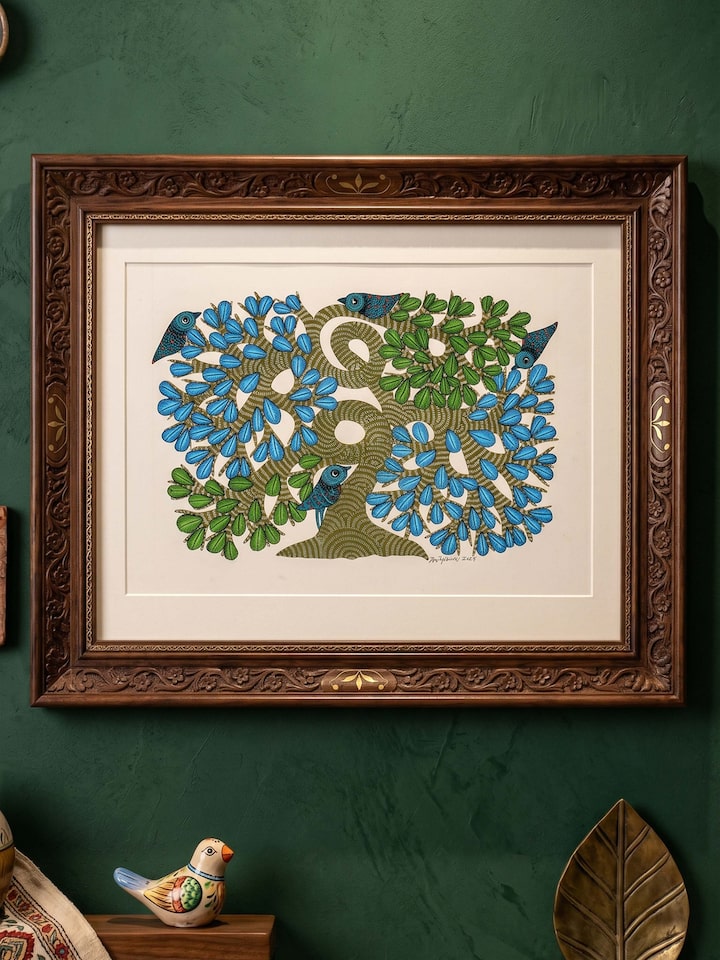 Styled view of Feathered Tree Gond Art displayed against a styled backdrop