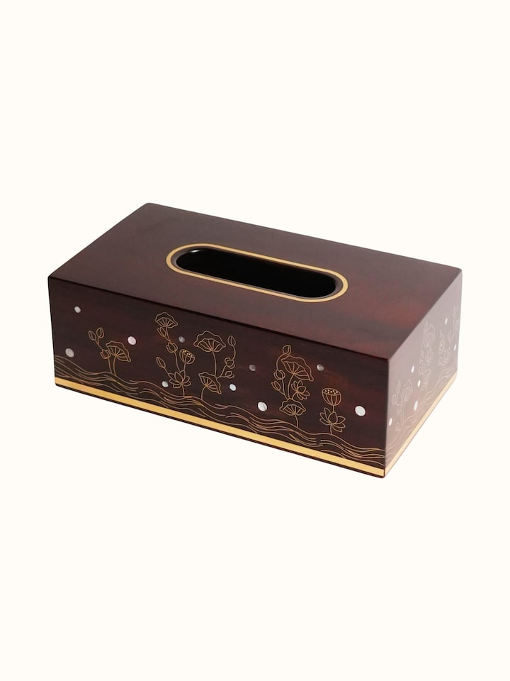 Angled view of the Kamal Tarkashi Teak Wood Rectangle Tissue Box