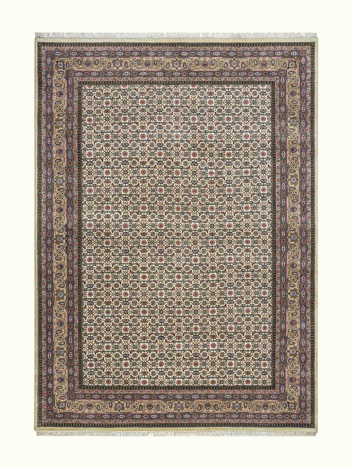 Front view of Traditional Persian Herati Beige Bhadohi Wool Hand Knotted Rug showing the full rug and pattern layout