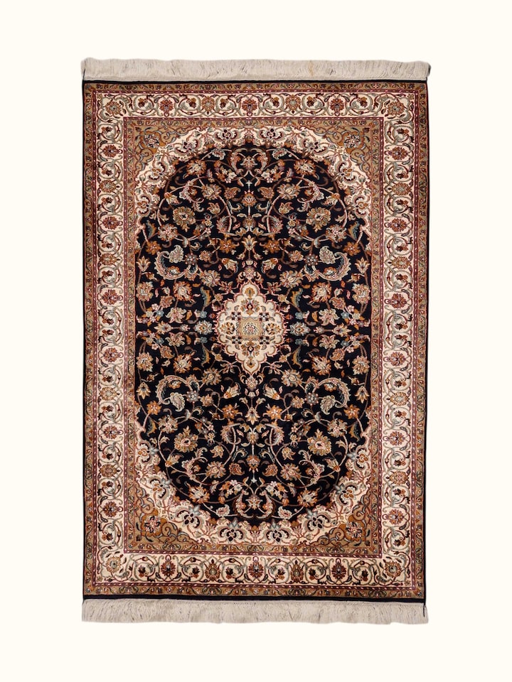 Front view of the Swadesh Traditional Persian Navy Kashan Kashmir Silk Hand-Knotted Carpet