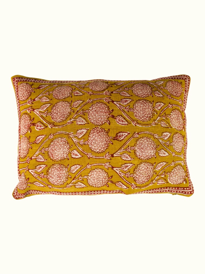 Top view of the Marigold Hand Block Dabu With Embroidery Floral Cushion