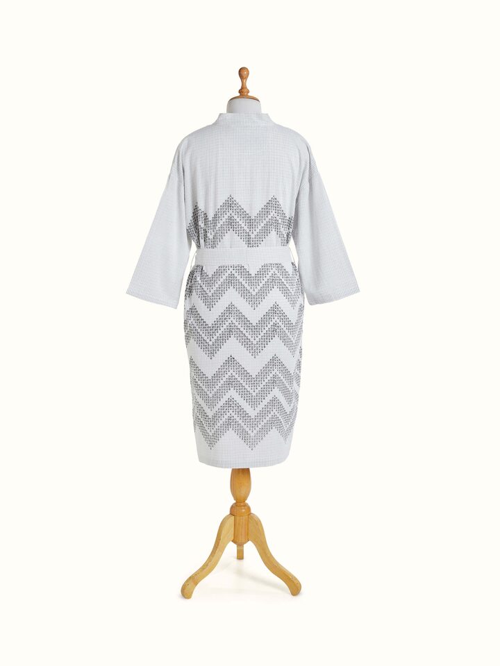 Rambagh geometric cotton Sanganeri block printed bathrobe, back view