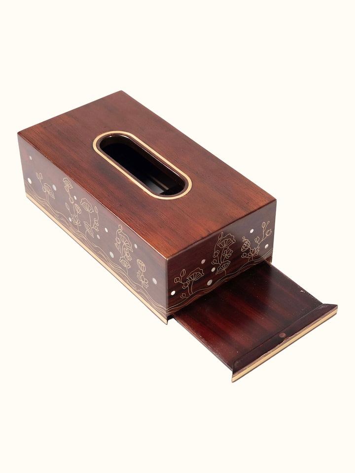 Detail view of Kamal Tarkashi teak wood rectangular tissue box showing the pull-out base drawer