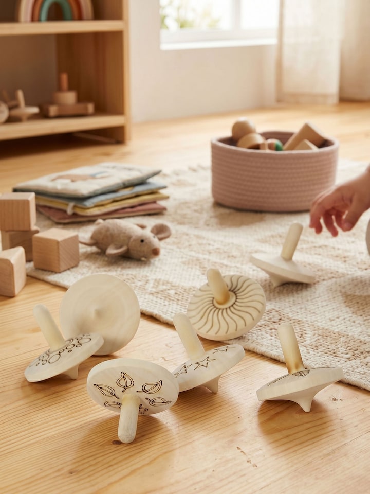 Front view of the Channapatna Ivory Wood Spinning Top Toys off-white (6 Pcs)