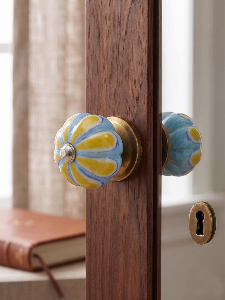 Styled view of Blue Pottery Round Rib Door Knob Set styled in a home setting