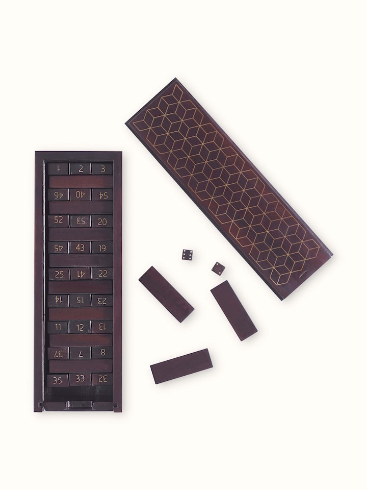 Front view of Antique-Finished Tarkashi Jenga Block Game showing the blocks and their antique finish