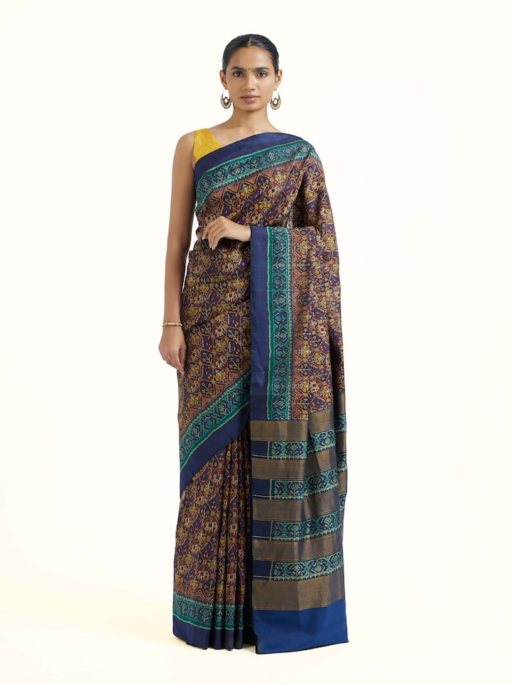 front view of rajkot micro patola saree with traditional pattern