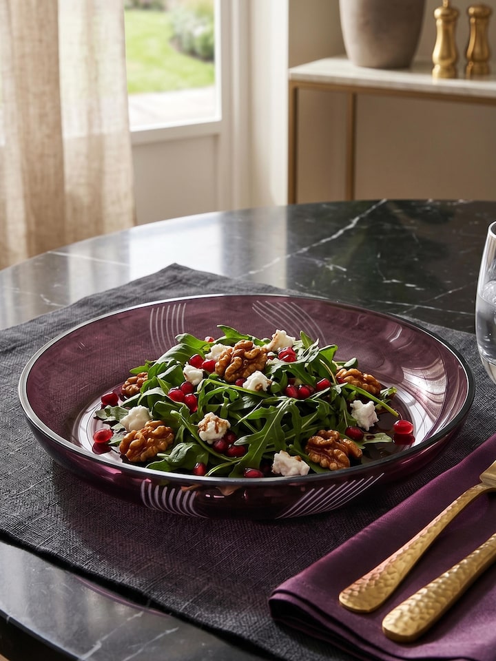 Left-side view of the Firozabadi Glass Salad Plate Purple