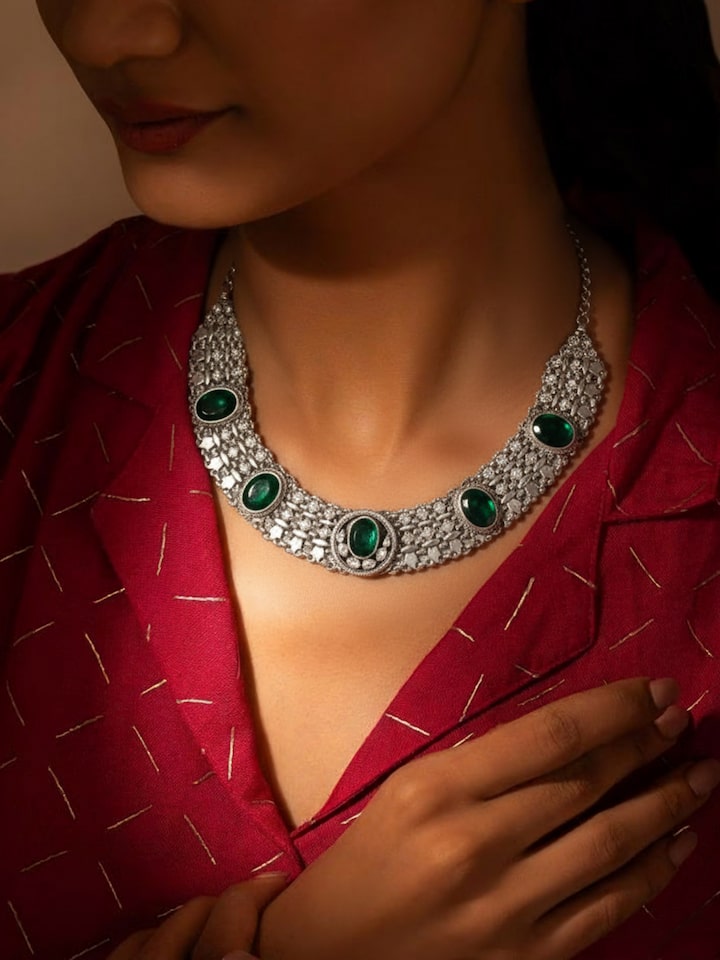 Lifestyle view of silver smithing collar necklace