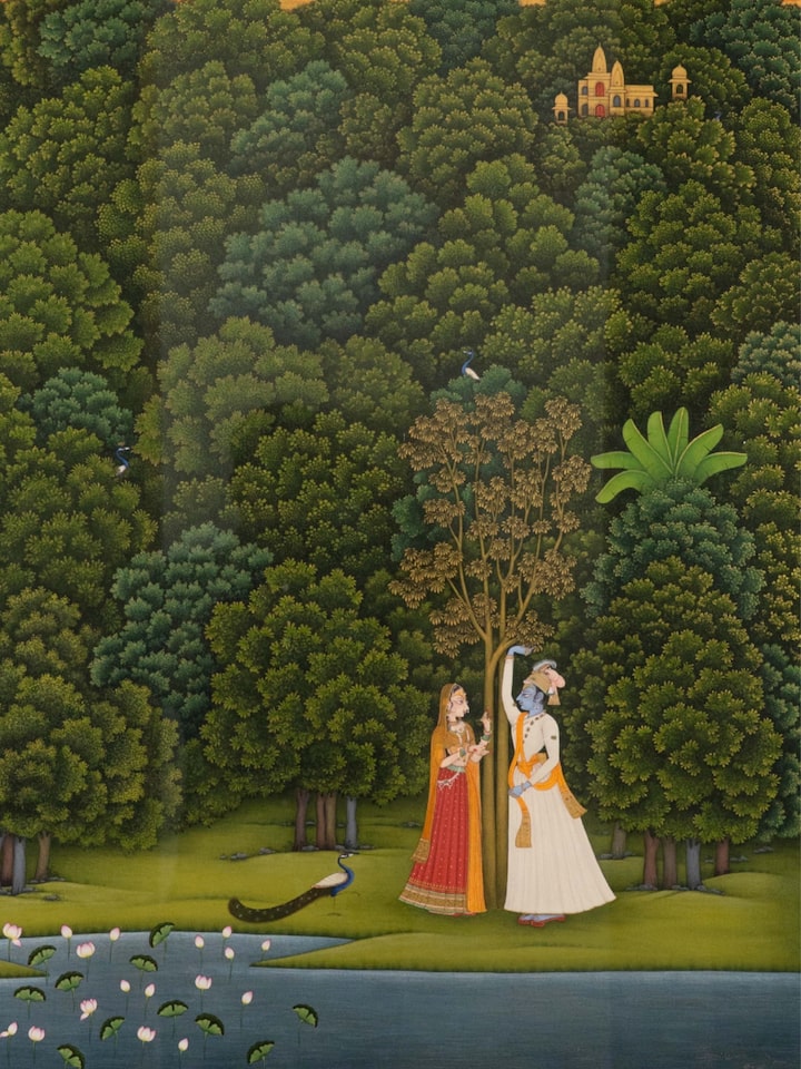 Detail view of the Krishna Garden Miniature Painting