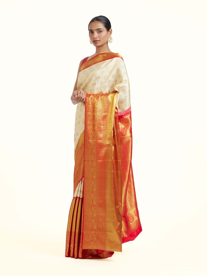 side view of white silk dharmavaram saree drape