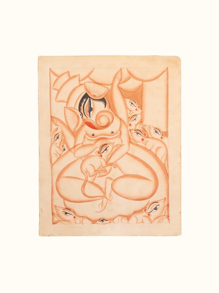 Ganesha Mooshik Kalighat painting in traditional Bengali folk art style – front view