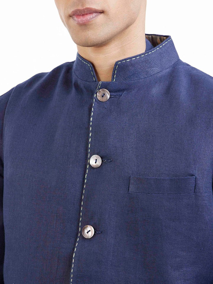 Navy Blue Linen Handloom Jacket Set
