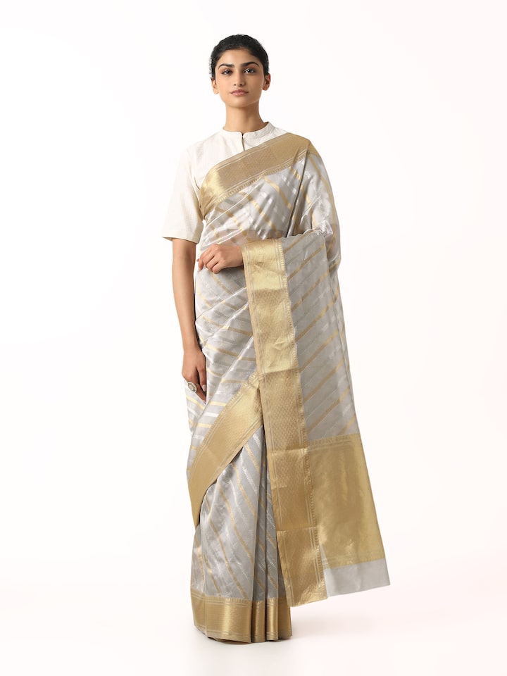 Front view of grey cotton silk Chanderi saree showcasing subtle sheen