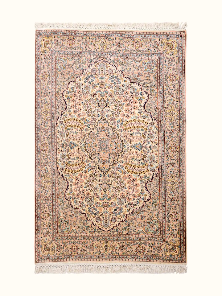Front view of the Swadesh Traditional Persian Ivory Pink Kashan Kashmir Silk Hand-Knotted Carpet