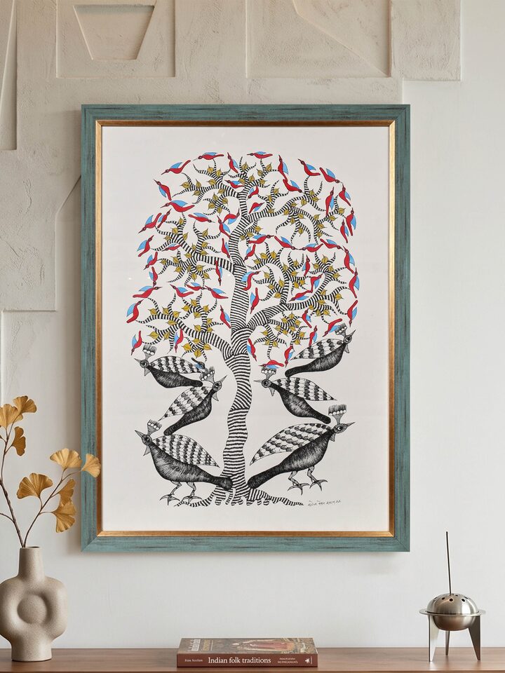 Styled view of Birds Under Tree Gond Art displayed against a styled backdrop