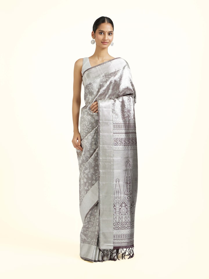 Front view of the Brown Silk Kancheepuram Handloom Real Zari Saree