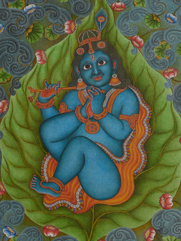 Detail view of Baby Krishna Kerala Mural Painting highlighting the intricate linework and detail