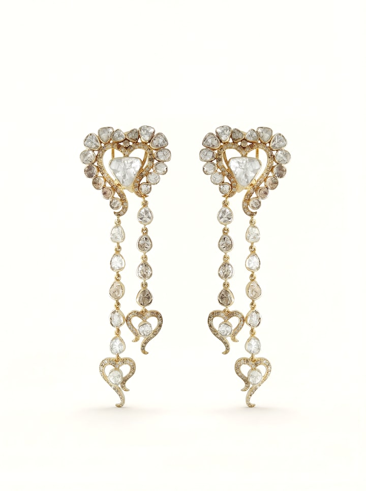 Front view of Dank Polki 14 Karat Gold Drop Earrings