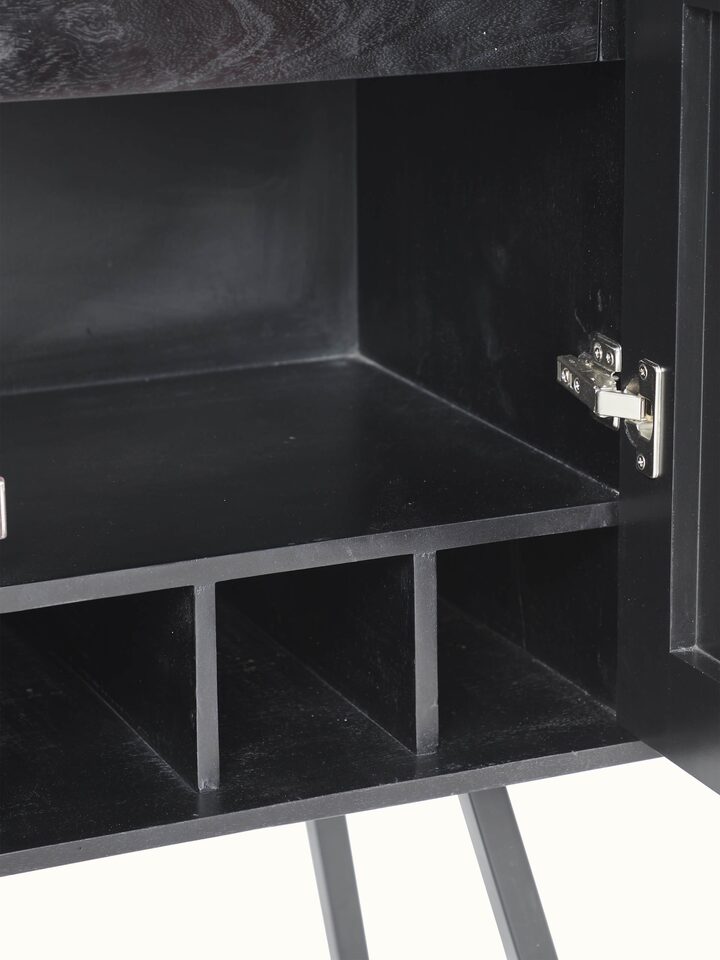 Overall view of the mango wood bar cabinet with mother-of-pearl inlay, showcasing the full design and aesthetic appeal