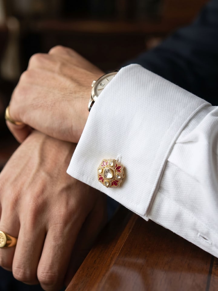 Styled view of Silver Smithing Gold Plated Cufflinks Set worn on the cuff, showing how it looks styled
