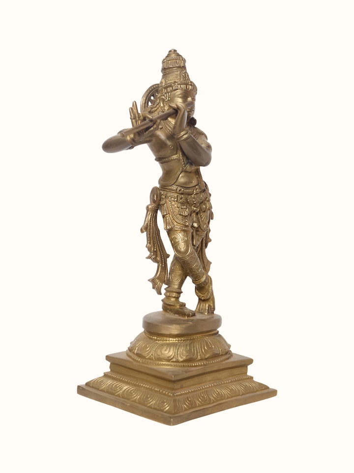 Angled view of the Bronze Cast Krishna Flute Idol