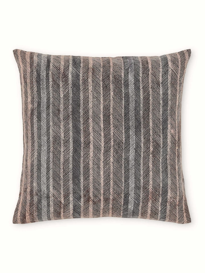 Parvat Brown Stripe Linen Cotton Sanganeri Block Printed Cushion Cover