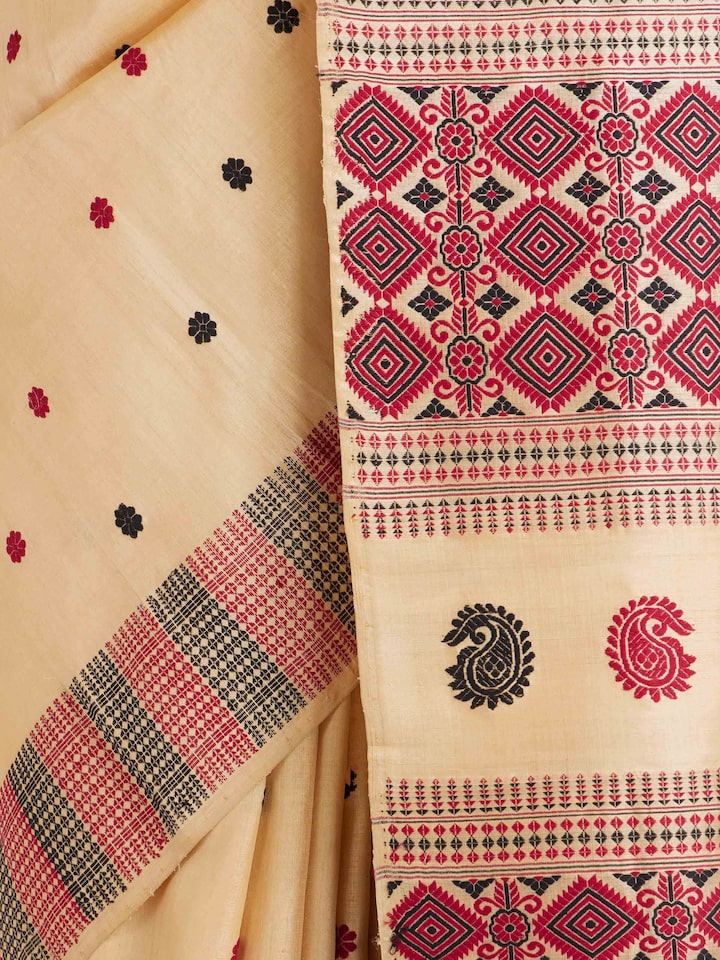 Detail view of Beige Tussar Silk Saree highlighting the intricate weave pattern