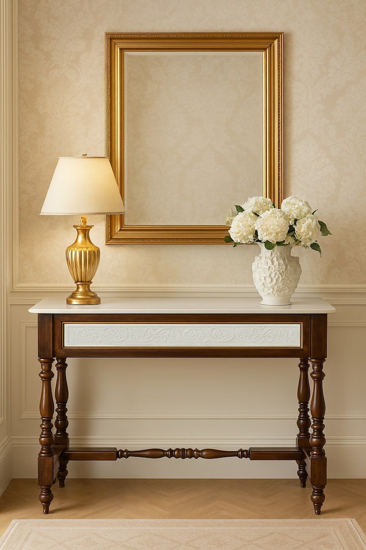 Walnut Finish Carved Marble & Sheesham Wood Console Table