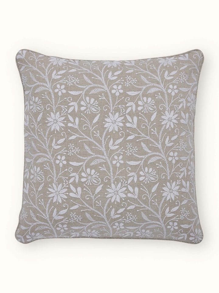Front view of Rann Beige Allover Linen Chikankari Hand Embroidered Cushion Cover showing the full piece and pattern