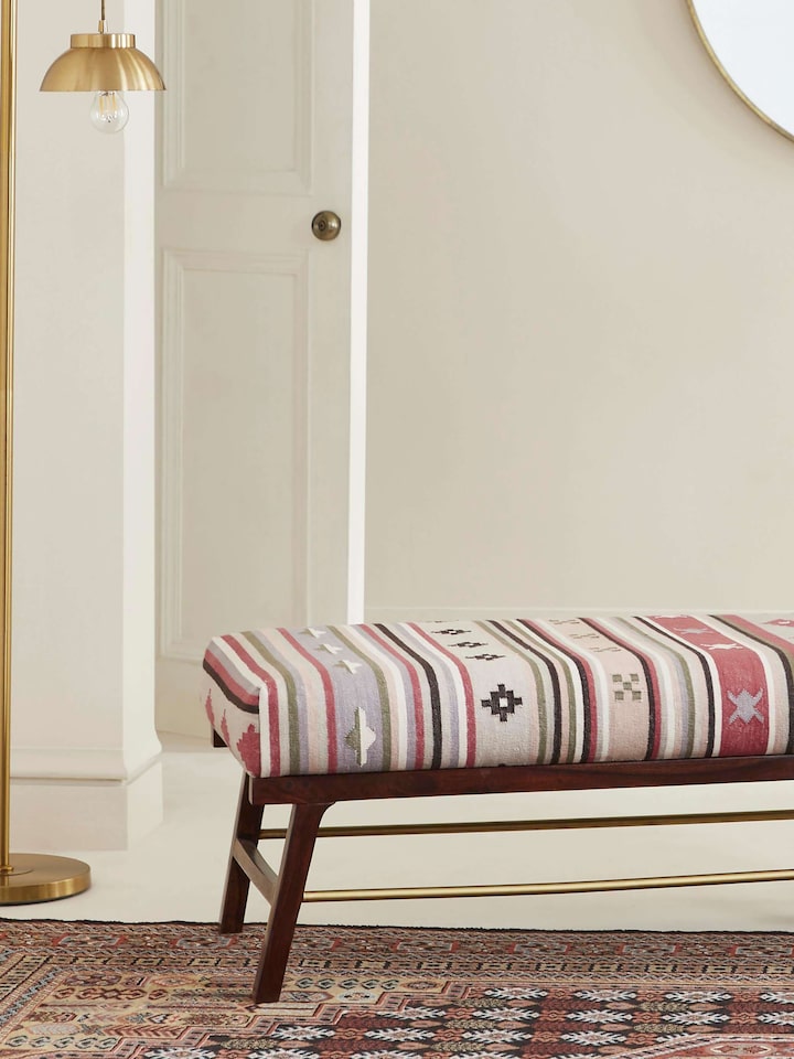 Side view of Panja Dhurrie Upholstered Sheesham Wood Bench, highlighting its traditional Dhurrie fabric and solid Sheesham wood frame.