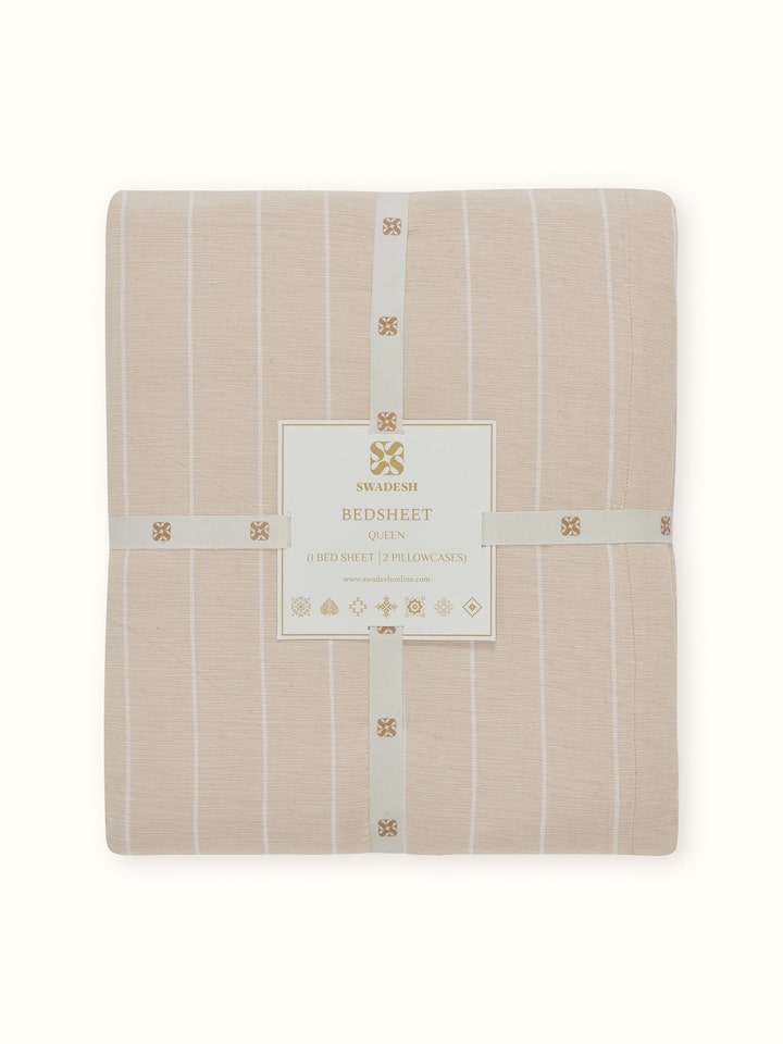 Keshod Handloom Cotton Beige Chambray Stripe Queen-size Bedsheet Set