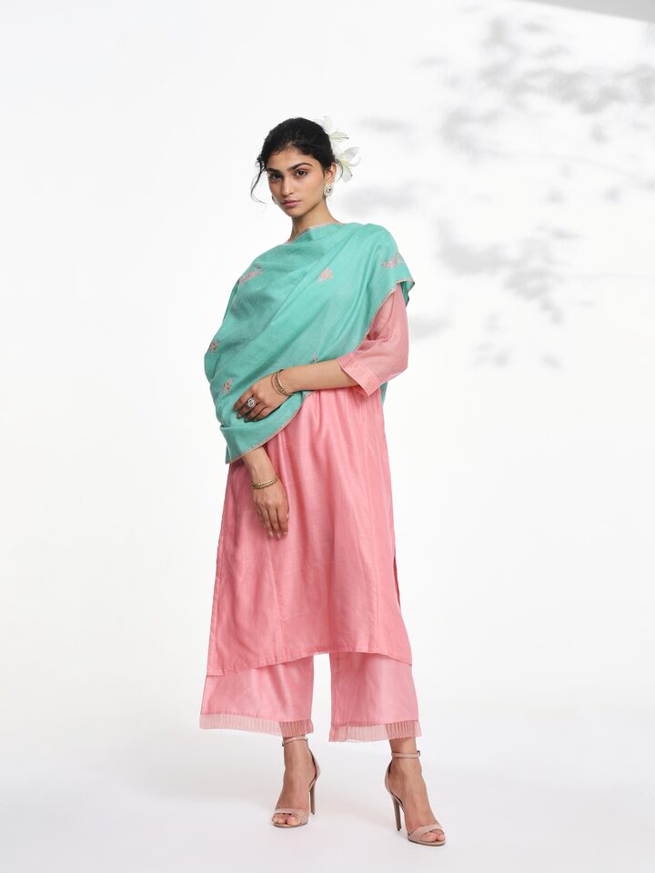 Styled view of Pink Jalidar Sozni Embroidered Stole draped on the shoulder showing the drape