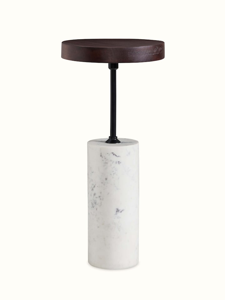 angled view of marble stone carving walnut finish end and side table