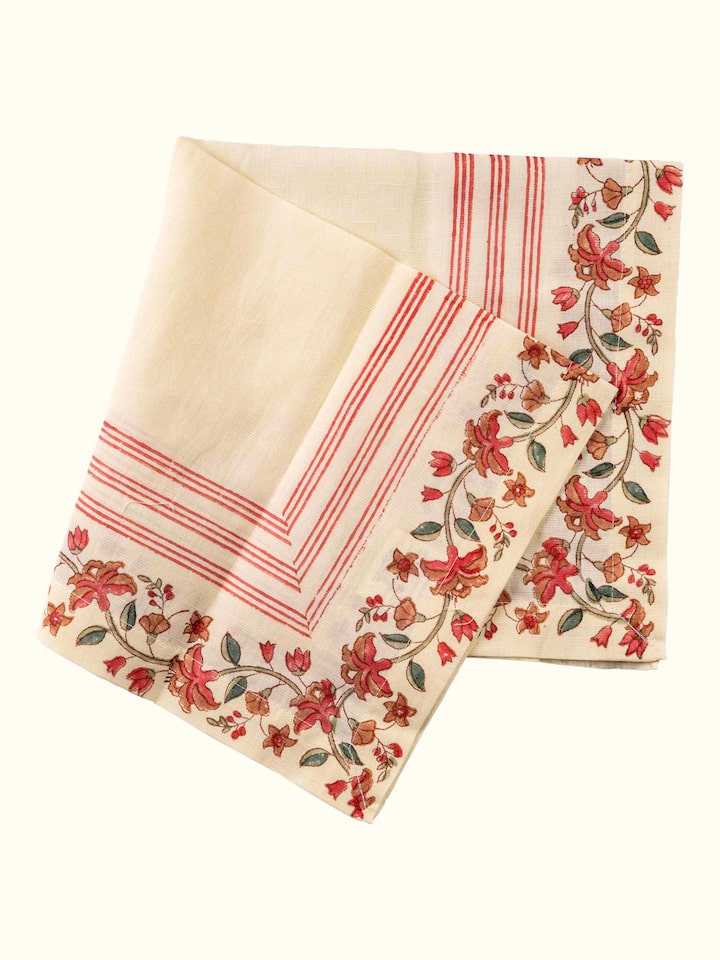 Detail view of Palampore Red Hand Block Sanganeri Print Cotton Linen Dinner Napkin (6 Pcs) highlighting the fabric texture and embroidery detail