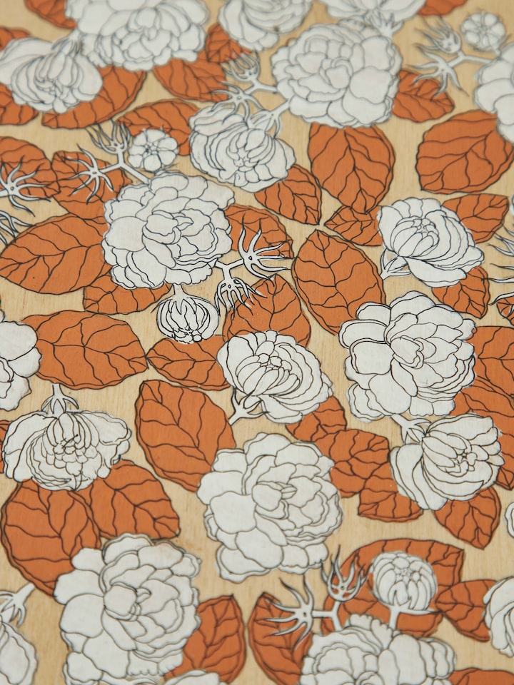 Close-up of the pattachitra artwork on the Teak wood square side table, showcasing detailed motifs