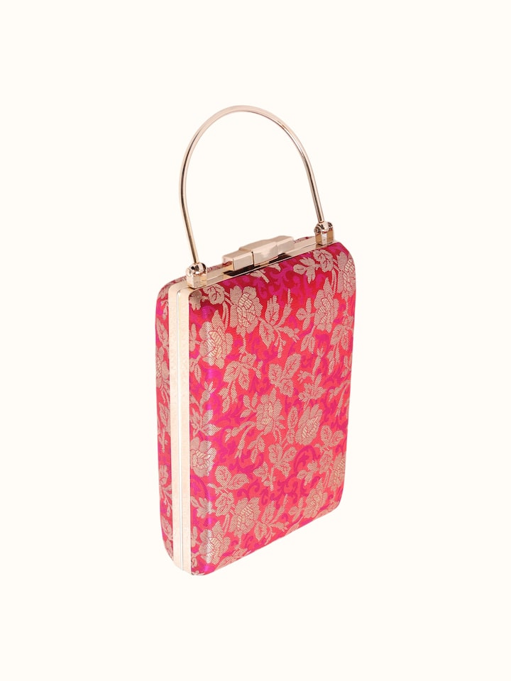 Close-up view of Pink Banarasi Silk Handbag highlighting the fabric weave and craftsmanship, from a different angle
