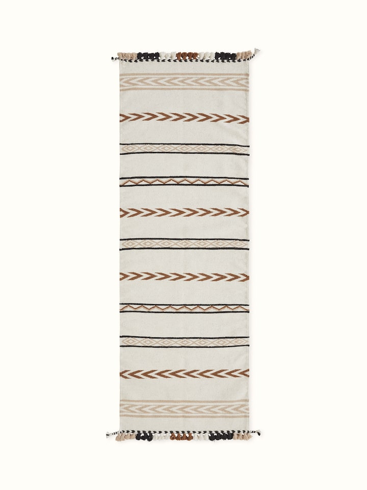 Front view: Front view of ivory Gujarat Panja runner with bold geo stripe pattern in wool and cotton.